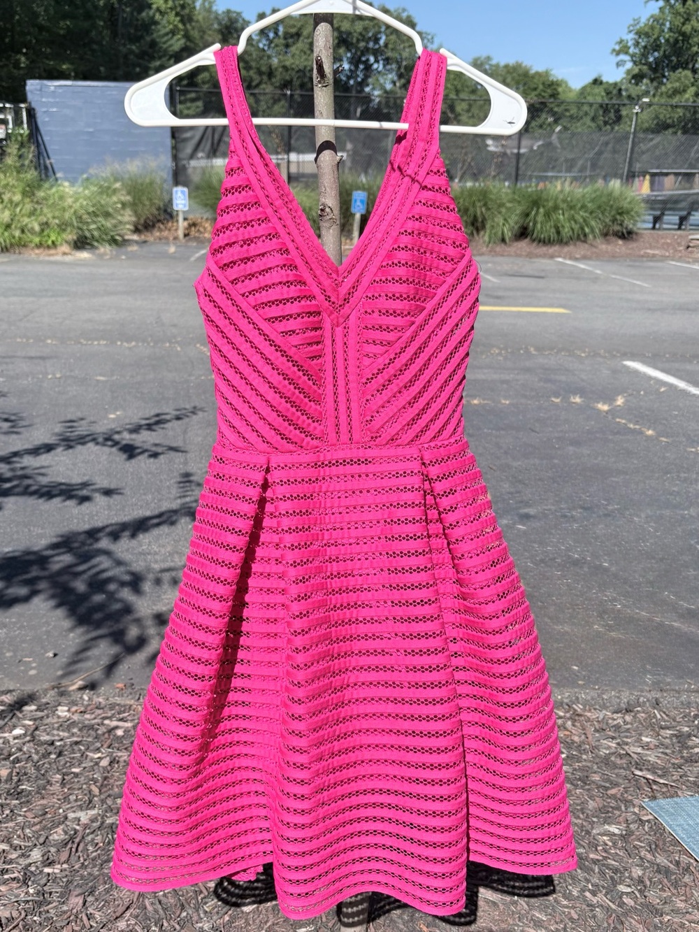 Maje Rayure Pink Honeycomb Mesh Stripe Fit & Flare Skater Mini Dress